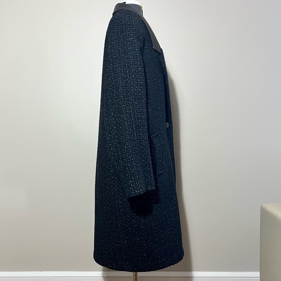 Vintage Otello Pelle Black & White Tweed Trench Coat with Leather Collar Size XL - Picture 3 of 11